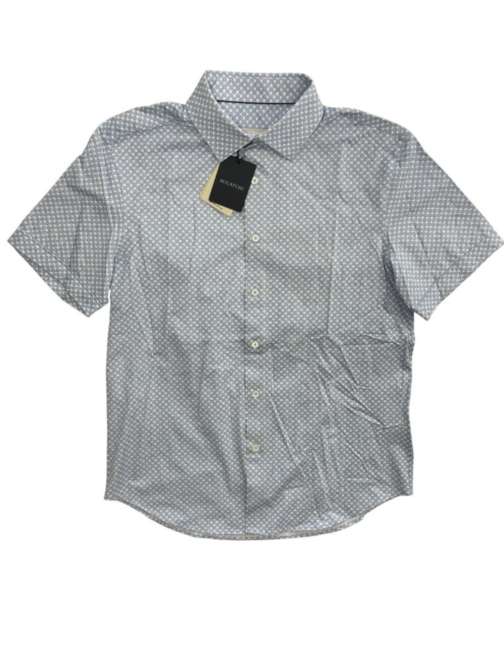 Bugatchi Short Sleeve Button-Up Golf Shirt Baby Blue Stretch Fit Men's M $179NWT